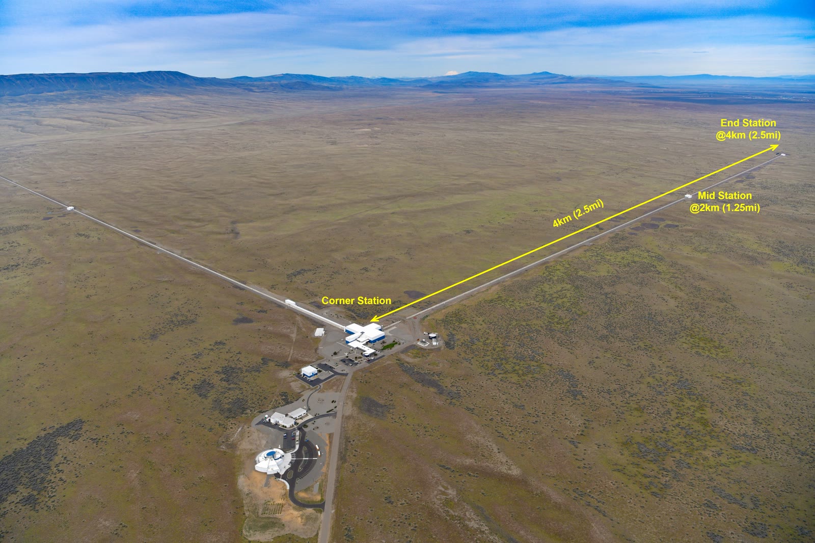 LIGO Хэнфорд обсерваториясының жоғарыдан түсірілген көрінісі, бұрыш станциясынан екі ұзын вакуум иығы созылып жатыр